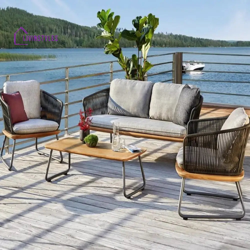 Reevo Outdoor Garden Balcony Sofa Set 2 Seater 2 Single Seater 1 Center Table Set (Dark Grey) Braided and Rope - Sofa