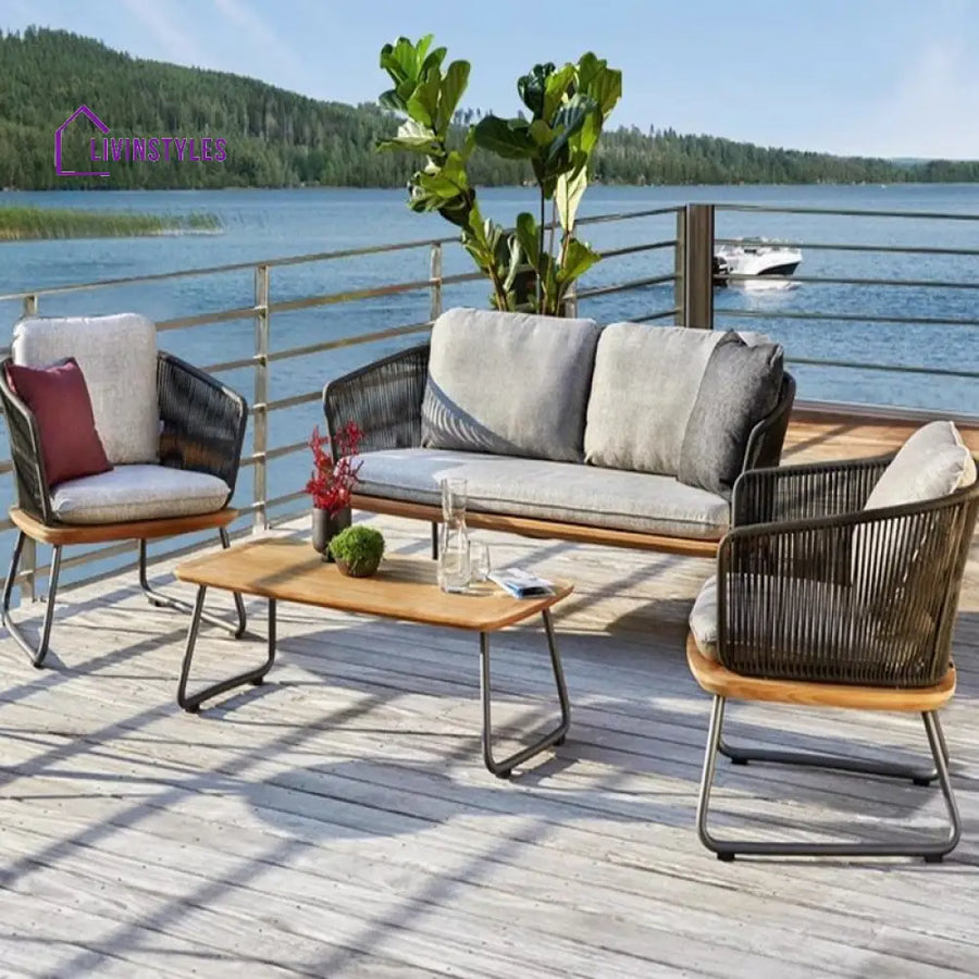 Reevo Outdoor Garden Balcony Sofa Set 2 Seater 2 Single Seater 1 Center Table Set (Dark Grey) Braided and Rope - Sofa
