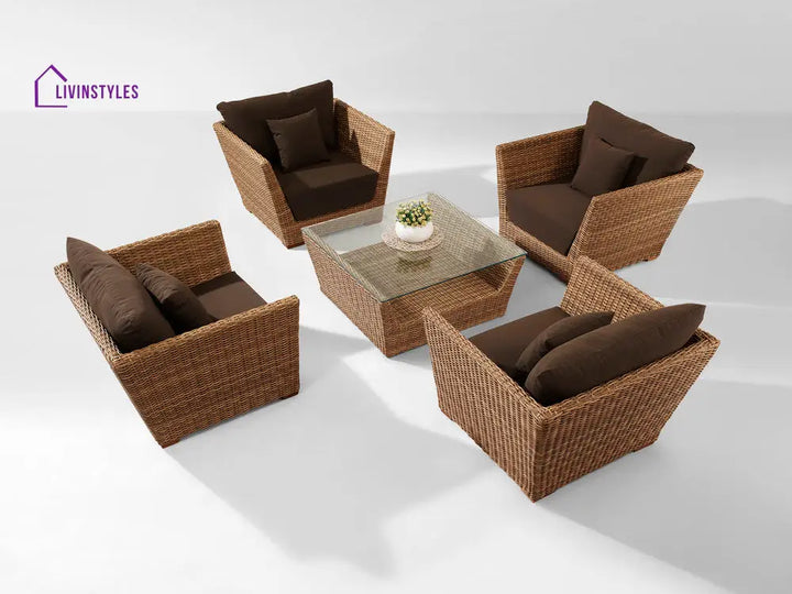Reflin Outdoor Garden Balcony Sofa Set 2 Seater 2 Single Seater and 1 Center Table With 1 Side Table Set (Brown