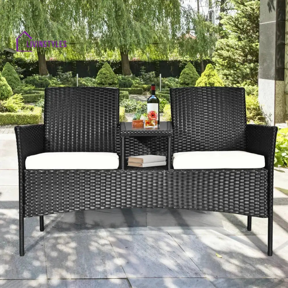Dreamline Outdoor Furniture Garden Patio Seating Set of 2 Attached Chairs and Table Set Balcony Furniture Coffee Table