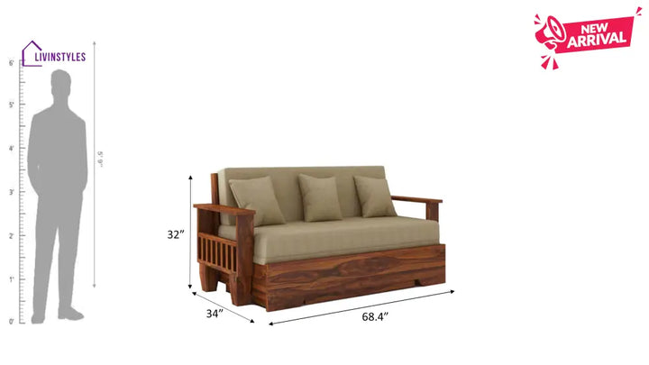 Remi Solid Sheesham Wood 3 Seater Sofa Cum Bed With Side Pockets Sofa Cum Bed