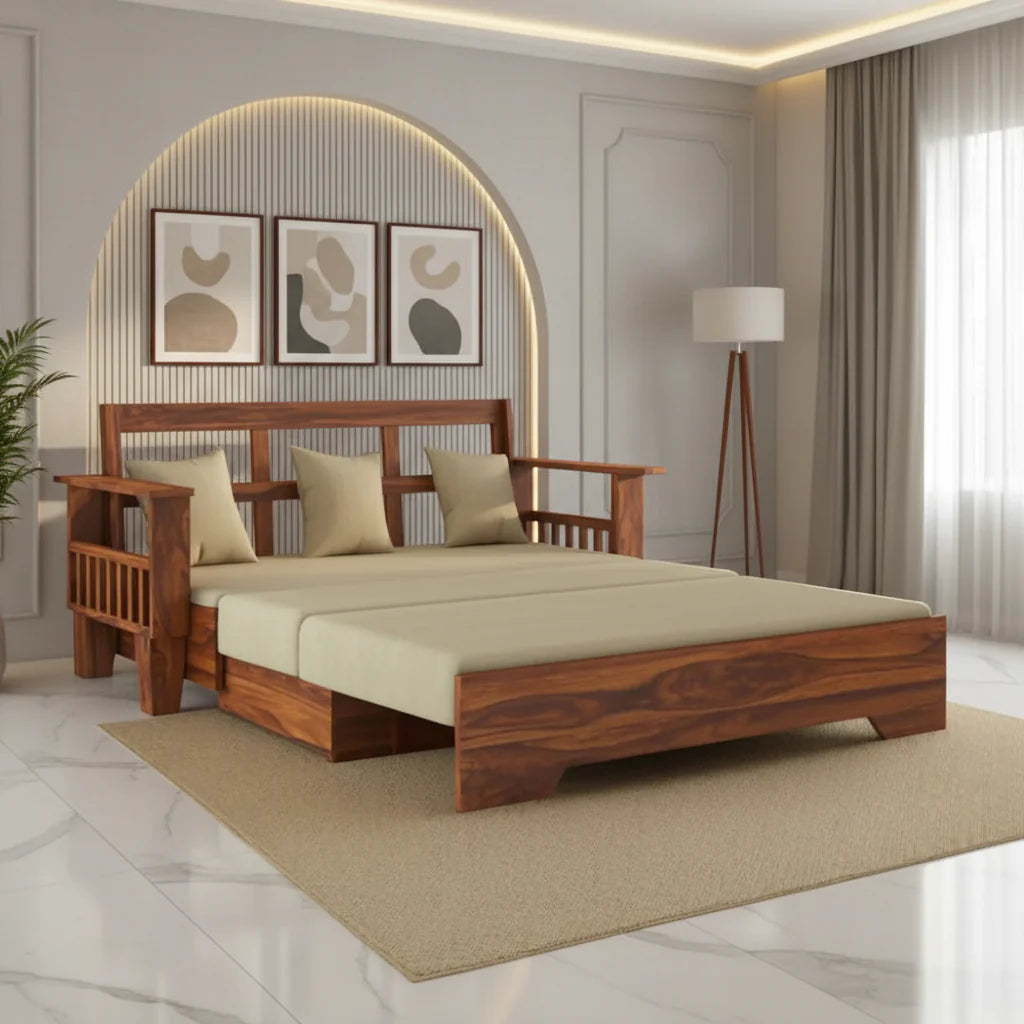 Remi Solid Sheesham Wood 3 Seater Sofa Cum Bed With Side Pockets Sofa Cum Bed