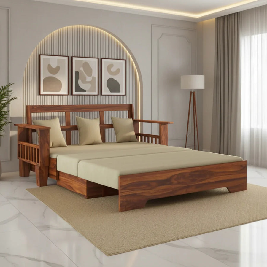 Remi Solid Sheesham Wood 3 Seater Sofa Cum Bed With Side Pockets Sofa Cum Bed