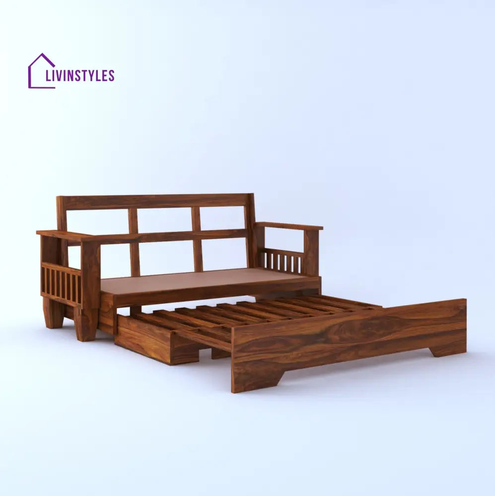Remi Solid Sheesham Wood 3 Seater Sofa Cum Bed With Side Pockets Sofa Cum Bed