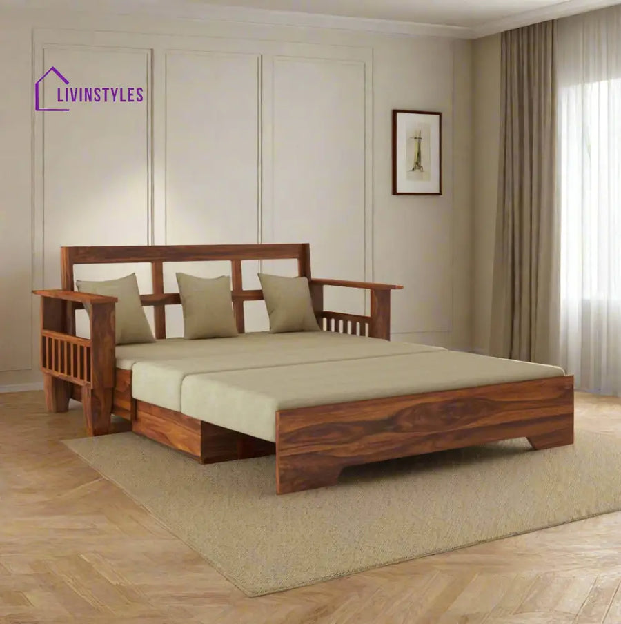 Remi Solid Sheesham Wood 3 Seater Sofa Cum Bed With Side Pockets Sofa Cum Bed