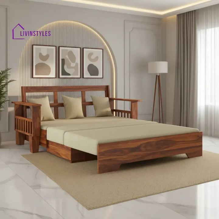 Remi Solid Sheesham Wood 3 Seater Sofa Cum Bed With Side Pockets Sofa Cum Bed
