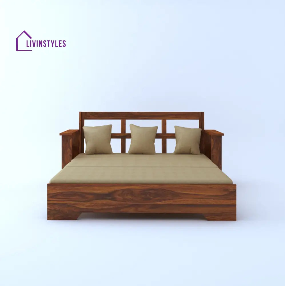 Remi Solid Sheesham Wood 3 Seater Sofa Cum Bed With Side Pockets Sofa Cum Bed