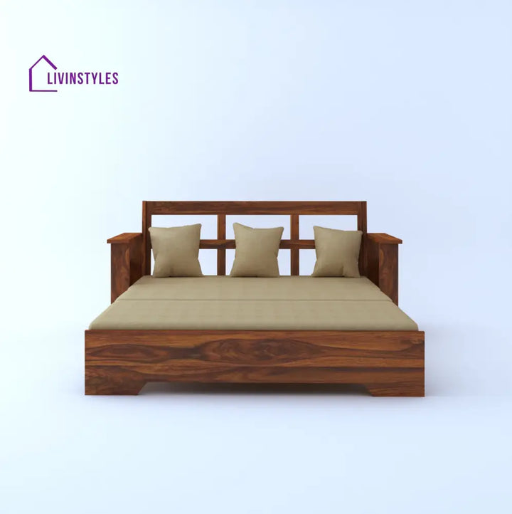 Remi Solid Sheesham Wood 3 Seater Sofa Cum Bed With Side Pockets Sofa Cum Bed