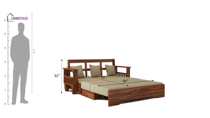 Remi Solid Sheesham Wood 3 Seater Sofa Cum Bed With Side Pockets Sofa Cum Bed