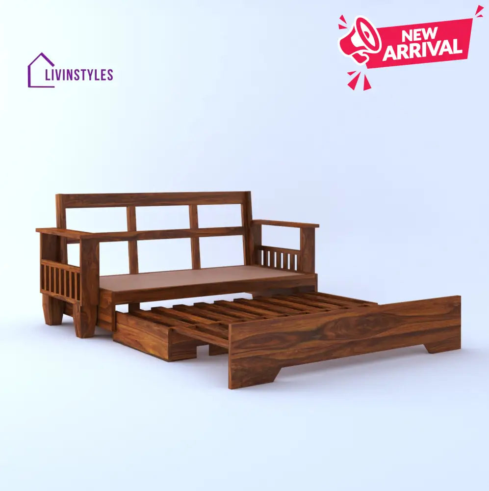 Remi Solid Sheesham Wood 3 Seater Sofa Cum Bed With Side Pockets Sofa Cum Bed