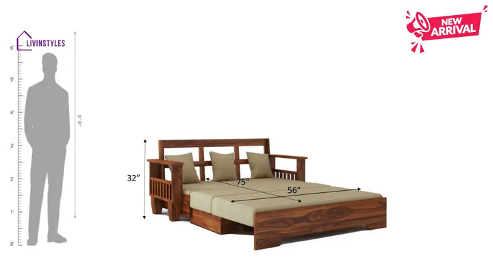 Remi Solid Sheesham Wood 3 Seater Sofa Cum Bed With Side Pockets Sofa Cum Bed