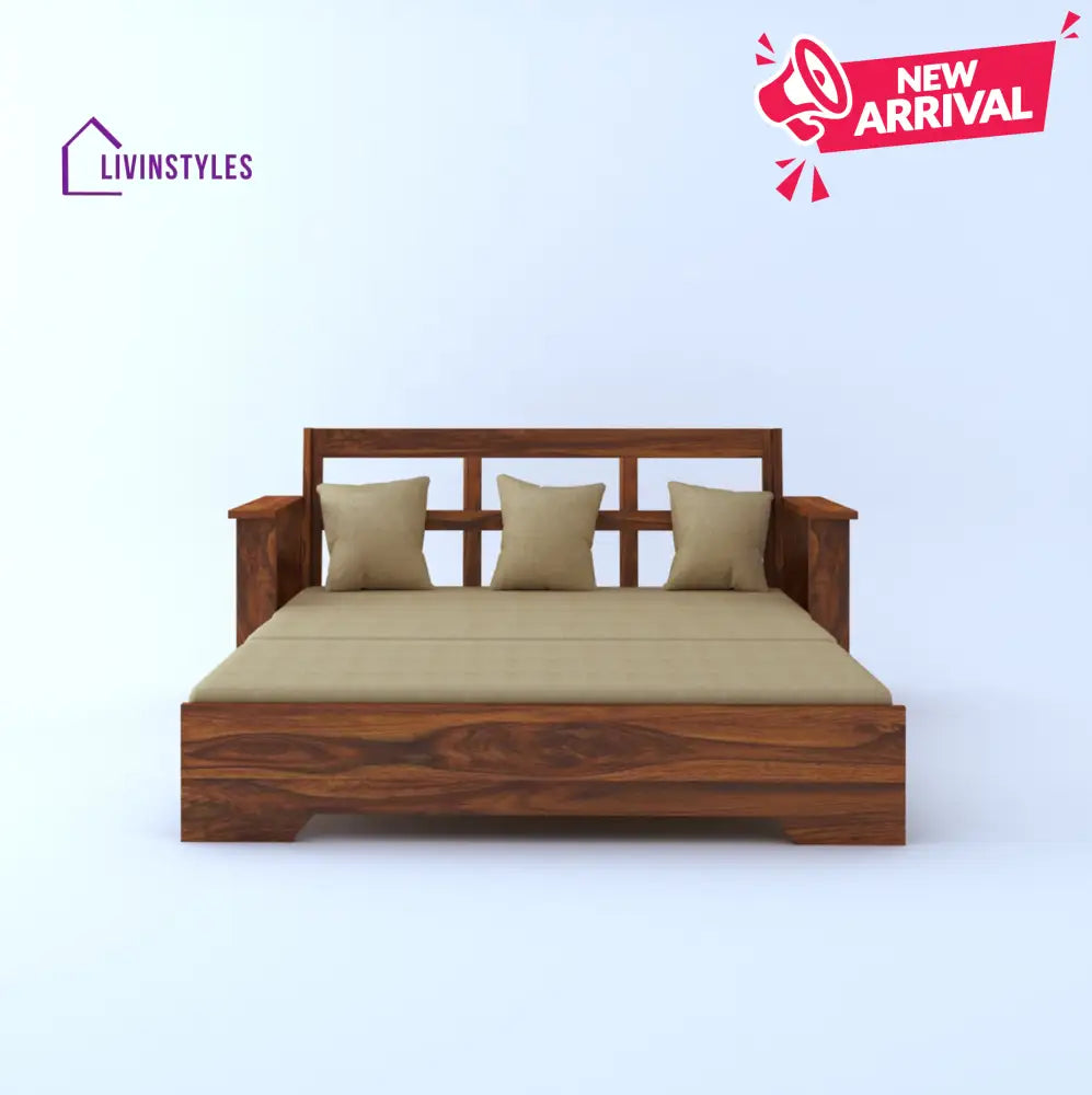 Remi Solid Sheesham Wood 3 Seater Sofa Cum Bed With Side Pockets Sofa Cum Bed