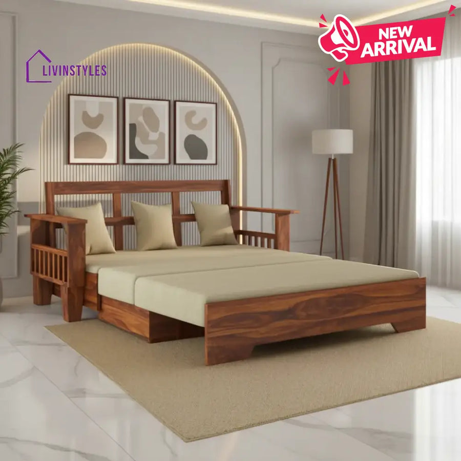Remi Solid Sheesham Wood 3 Seater Sofa Cum Bed With Side Pockets Sofa Cum Bed