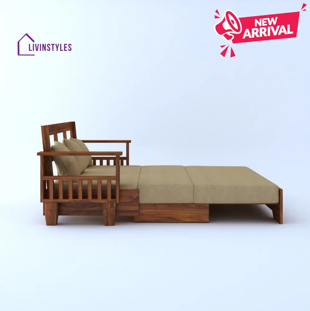 Remi Solid Sheesham Wood 3 Seater Sofa Cum Bed With Side Pockets Sofa Cum Bed