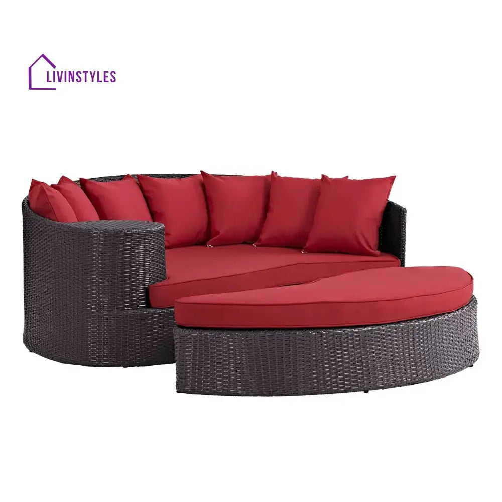 Renate Outdoor Rattan Wicker Daybed (Dark Brown & Red) - Daybed