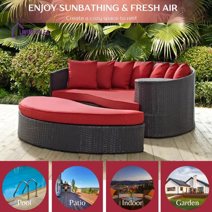 Renate Outdoor Rattan Wicker Daybed (Dark Brown & Red) - Daybed