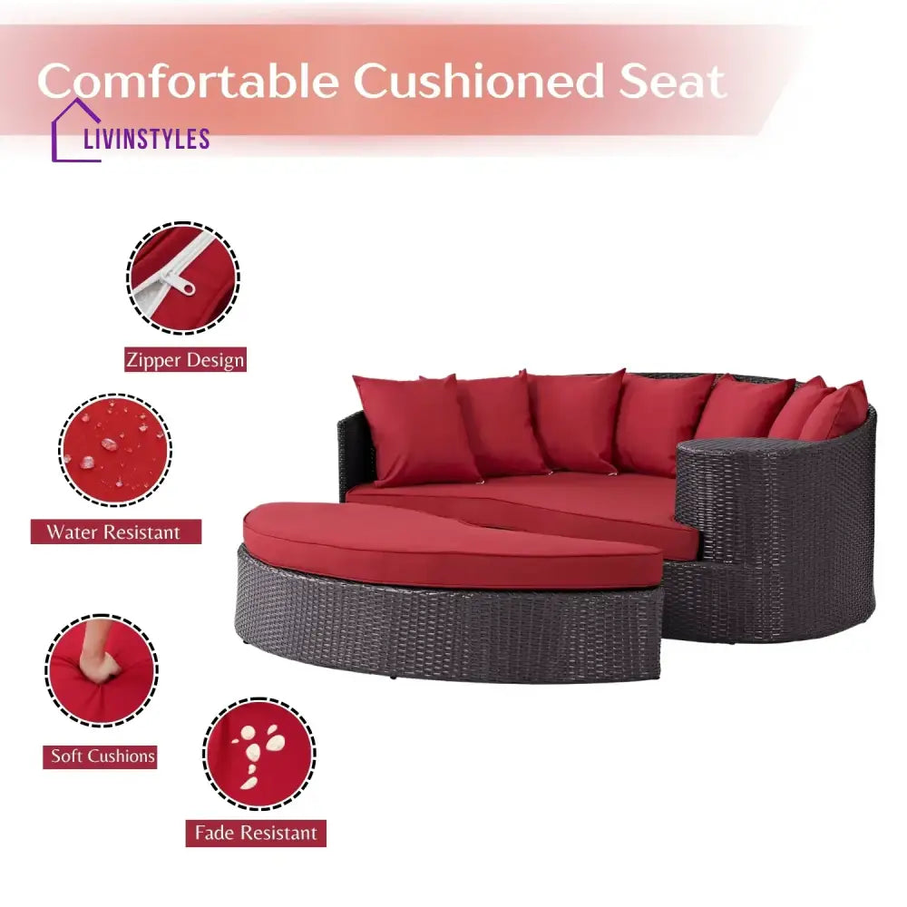 Renate Outdoor Rattan Wicker Daybed (Dark Brown & Red) - Daybed