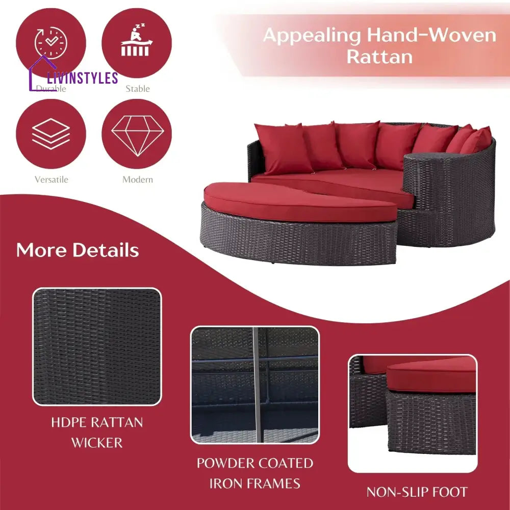 Renate Outdoor Rattan Wicker Daybed (Dark Brown & Red) - Daybed