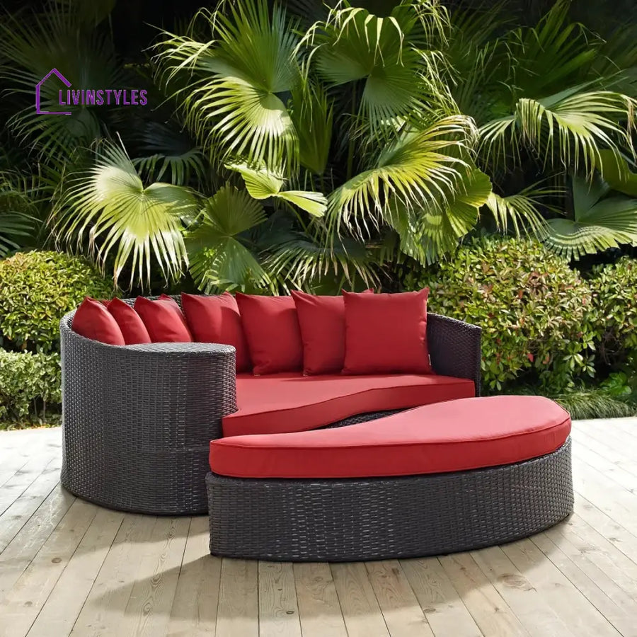 Renate Outdoor Rattan Wicker Daybed (Dark Brown & Red) - Daybed