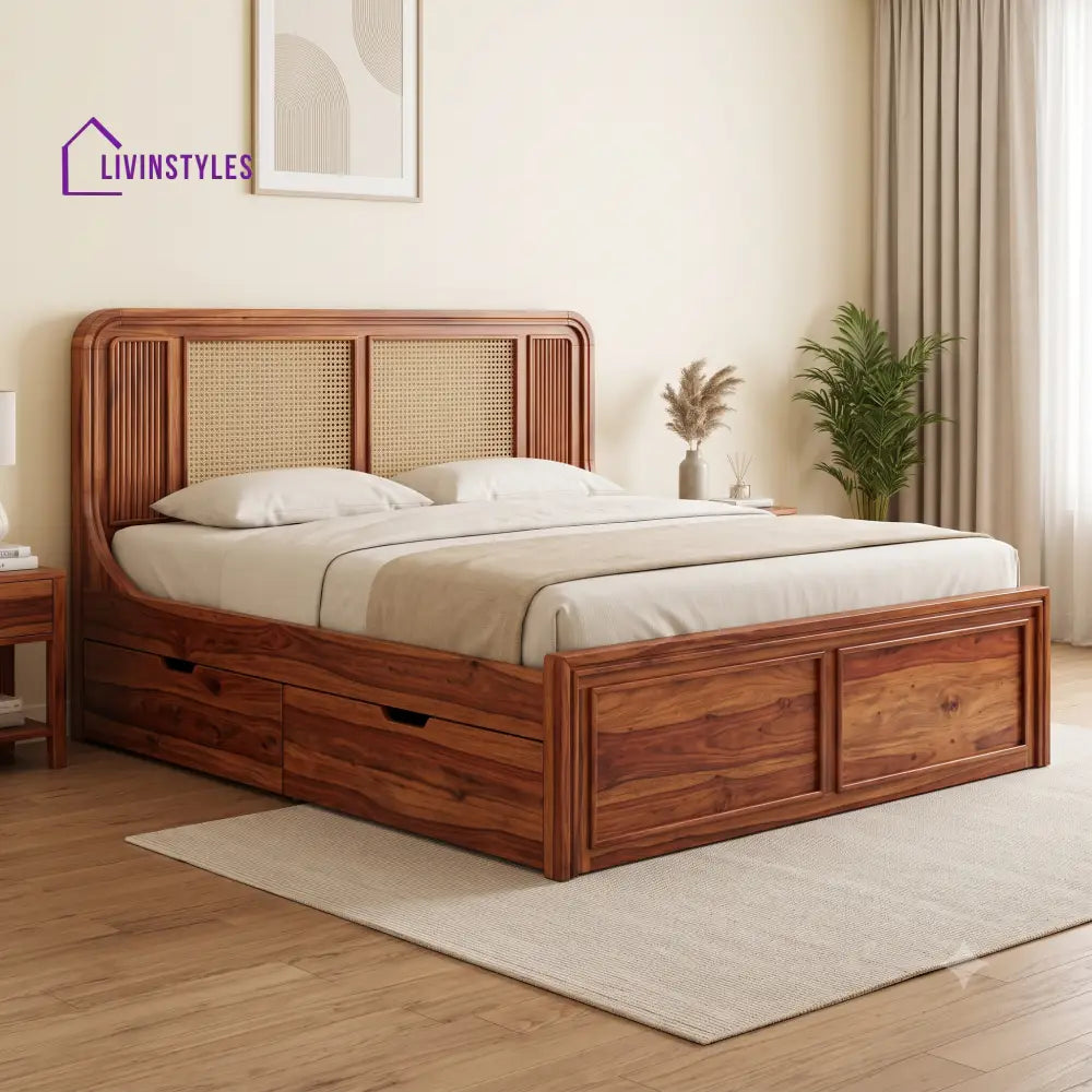 Rene Premium Wooden Bed with Drawer Storage | King Size Bed & Queen Size Bed Online