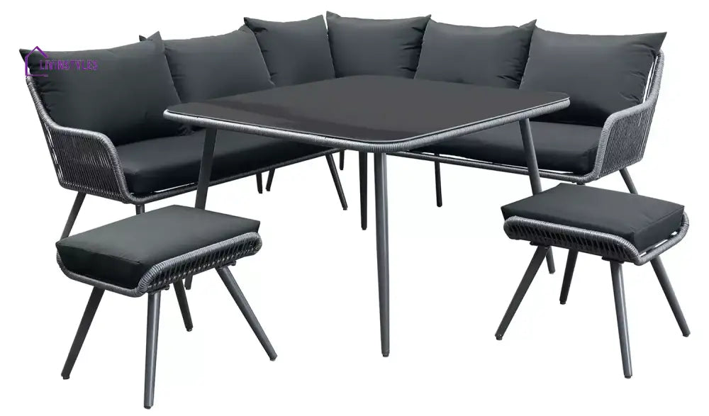 RETO Outdoor Sofa Set 5 Seater 2 ottoman and 1 Center Table Set (Black) Braided & Rope - Sofa Sets