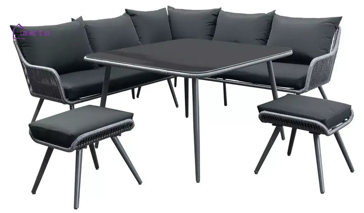RETO Outdoor Sofa Set 5 Seater 2 ottoman and 1 Center Table Set (Black) Braided & Rope - Sofa Sets