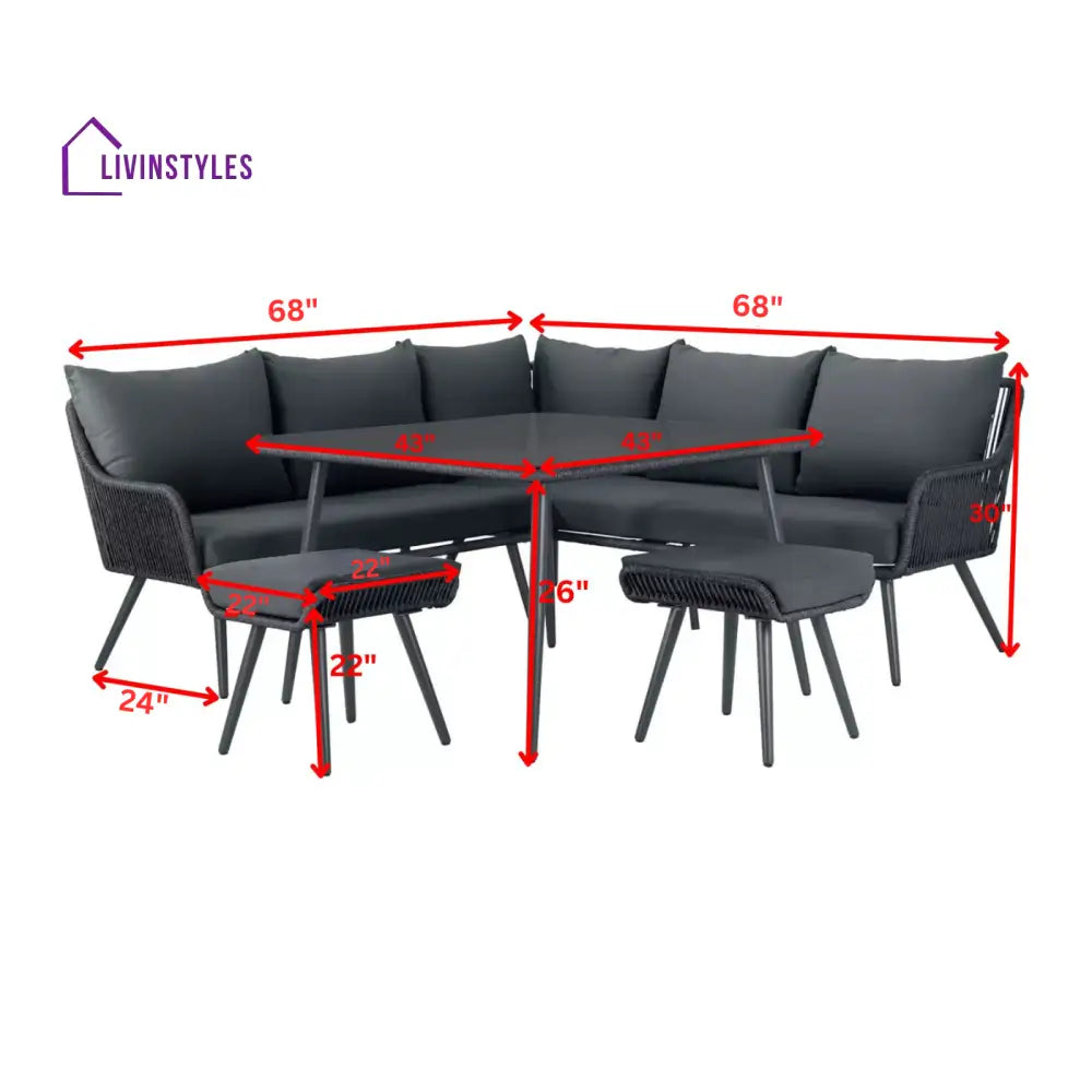 RETO Outdoor Sofa Set 5 Seater 2 ottoman and 1 Center Table Set (Black) Braided & Rope - Sofa Sets