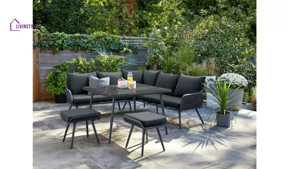 RETO Outdoor Sofa Set 5 Seater 2 ottoman and 1 Center Table Set (Black) Braided & Rope - Sofa Sets