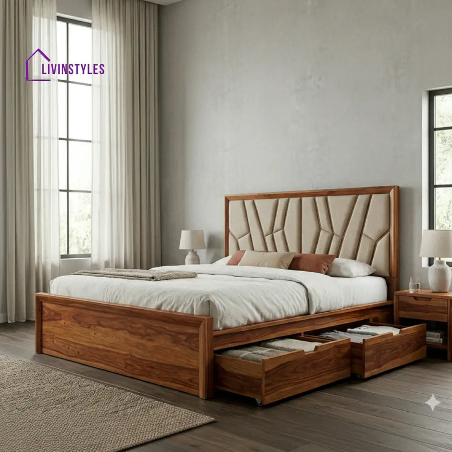 Reuben Premium Sheesham Wood Bed with Fabric Headboard