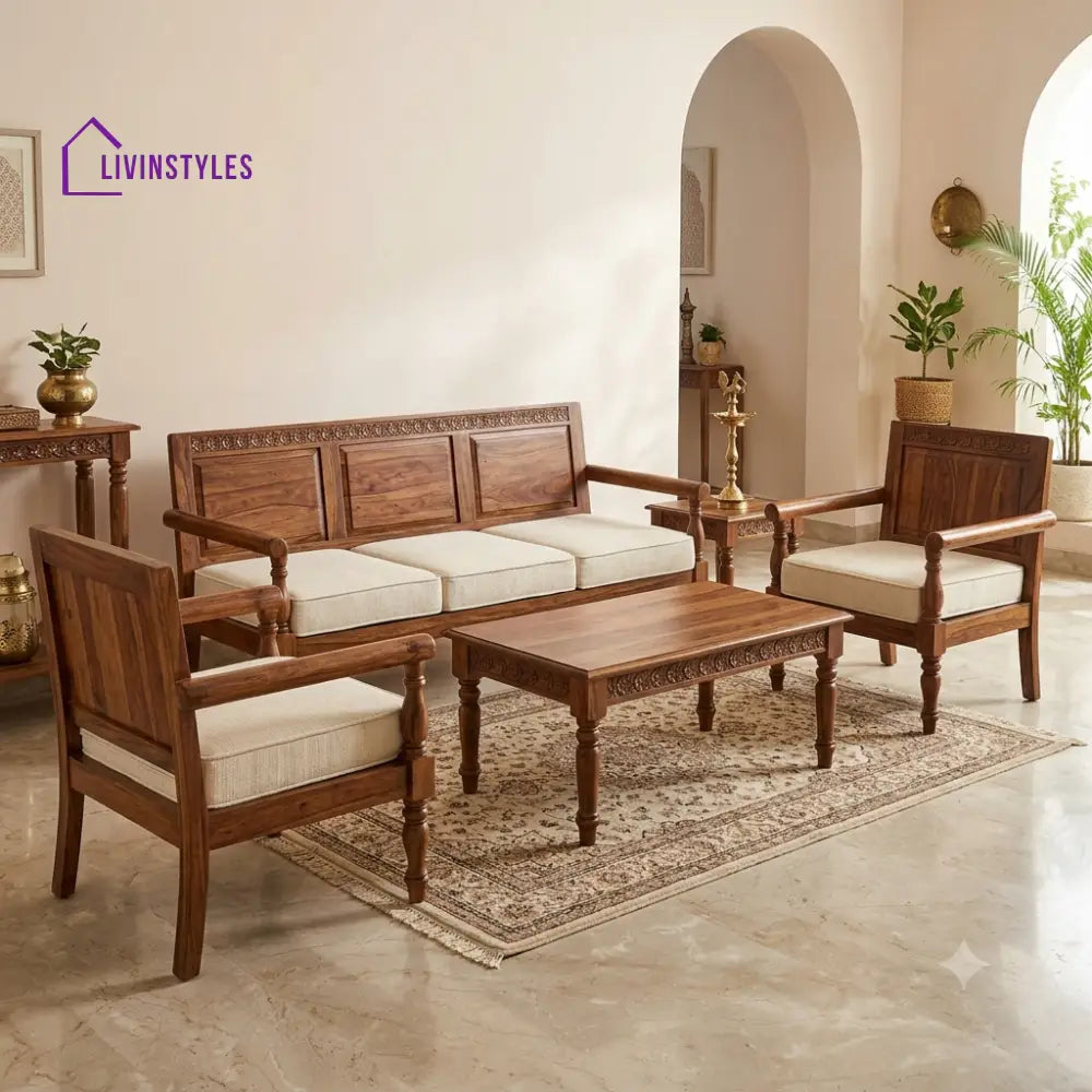 Revathi Wooden Sofa Set | 3 + 1 + 1 Sheesham Wood Sofa Set for Living Room