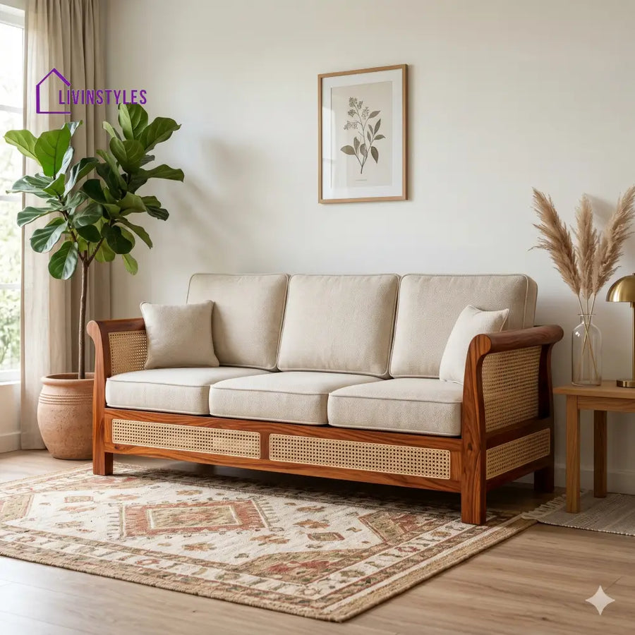 Reyansh Sheesham Wood and Cane Sofa for Living Room