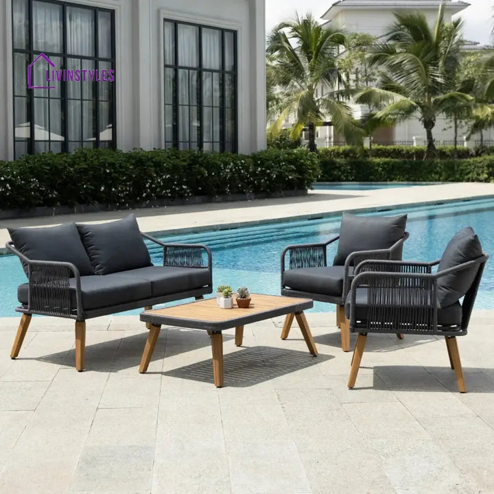 Riley 4-Piece Outdoor Rope Patio Furniture Set with Wood-Top Table - Sofa Set