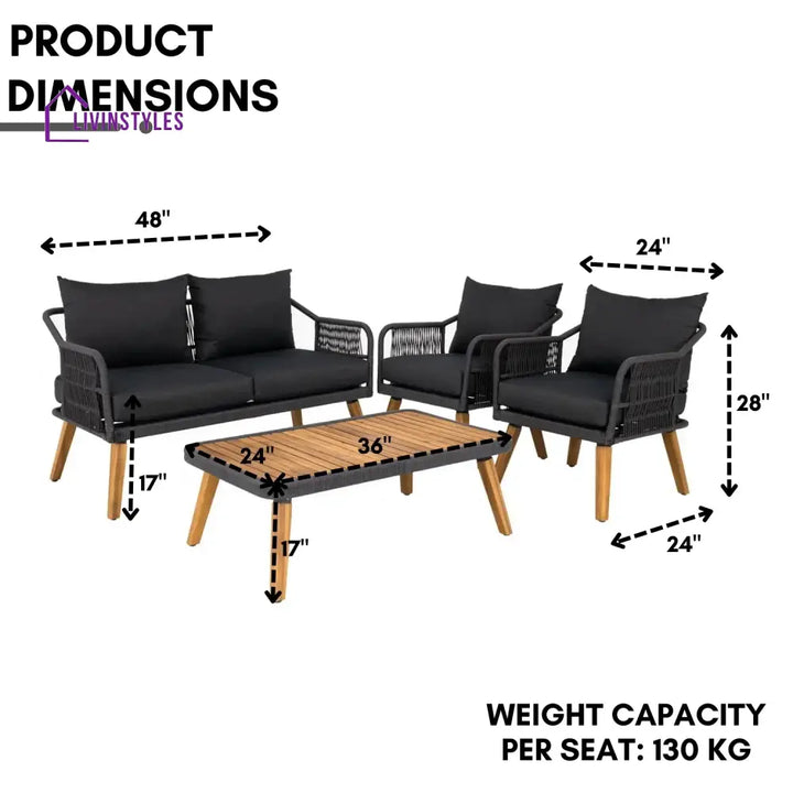 Riley 4-Piece Outdoor Rope Patio Furniture Set with Wood-Top Table - Sofa Set