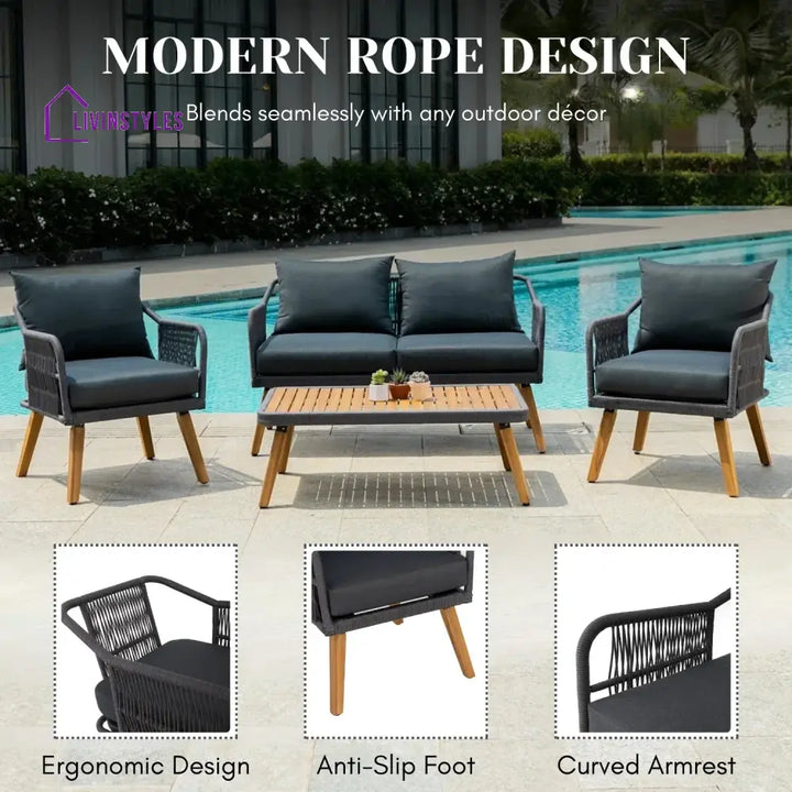 Riley 4-Piece Outdoor Rope Patio Furniture Set with Wood-Top Table - Sofa Set