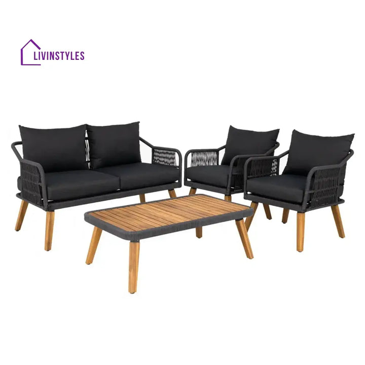 Riley 4-Piece Outdoor Rope Patio Furniture Set with Wood-Top Table - Sofa Set