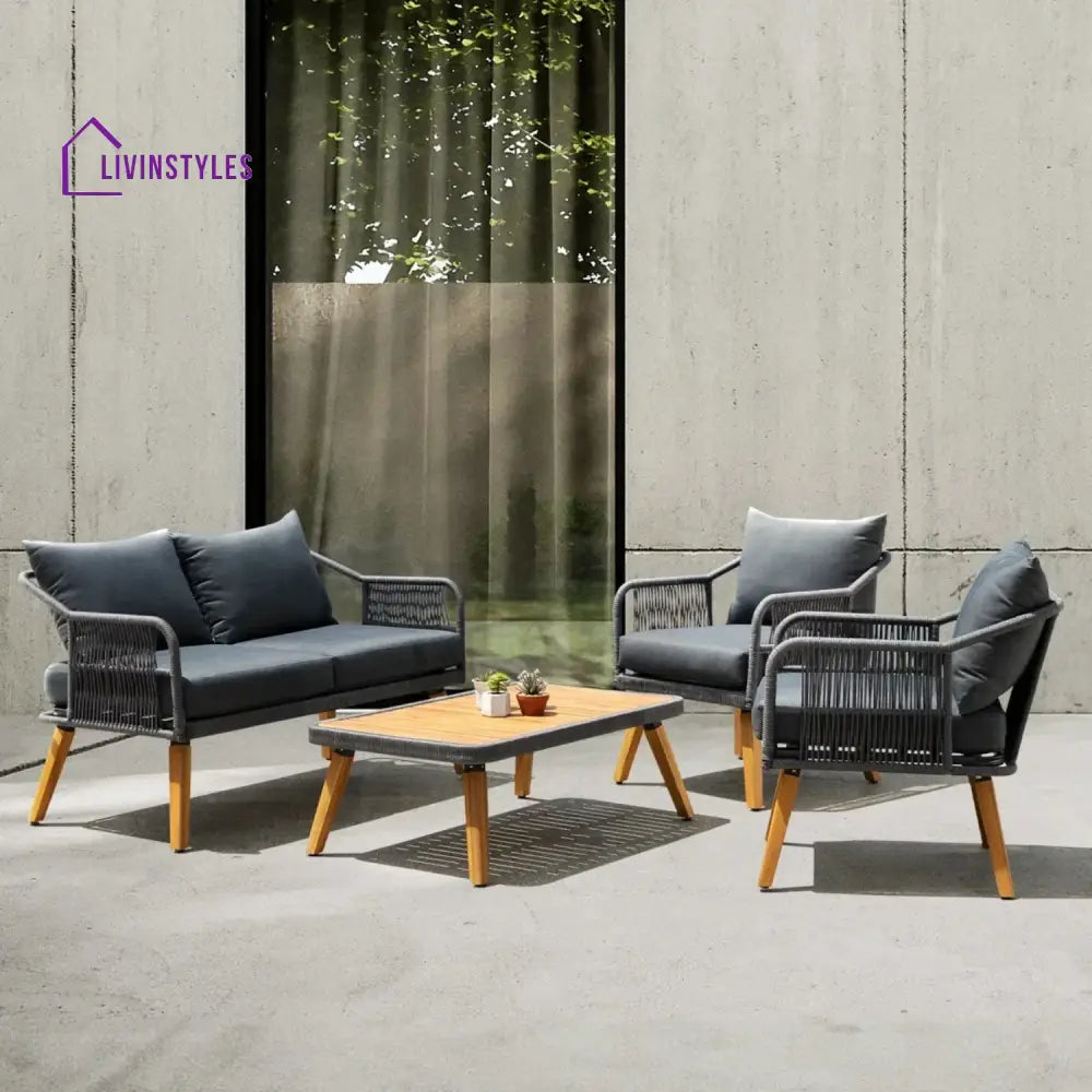 Riley 4-Piece Outdoor Rope Patio Furniture Set with Wood-Top Table - Sofa Set