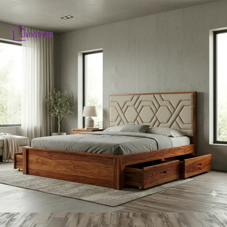 Riley Premium Sheesham Wood Bed with Fabric Headboard