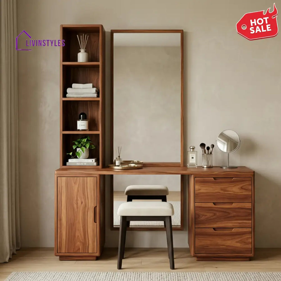 Riley Sheesham Wood Dressing Table with Mirror and Storage (Honey Finish)