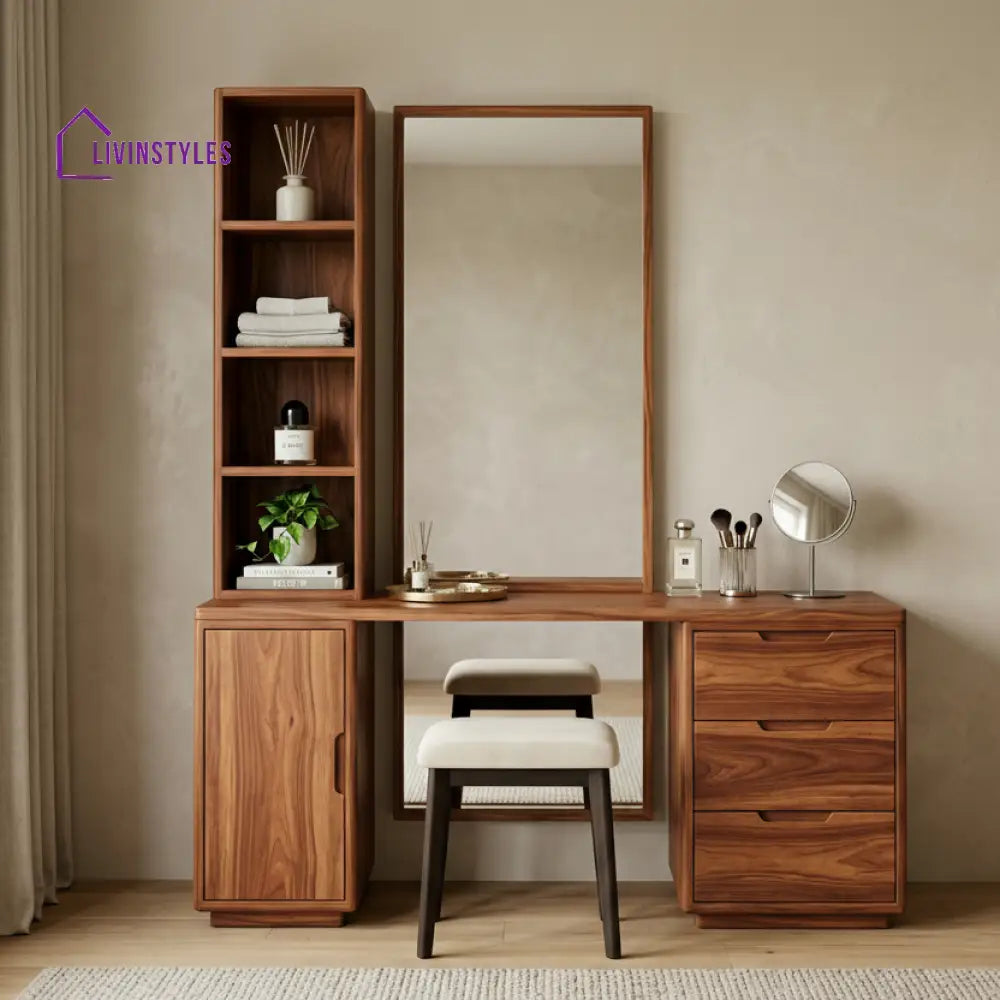 Riley Sheesham Wood Dressing Table with Mirror and Storage (Honey Finish)