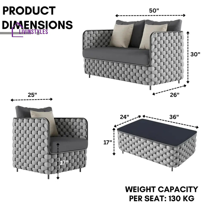 Rina 4 Piece Outdoor Rope Sofa Set with Glass Top Coffee Table (Light Grey & Dark Grey) - Sofa Set