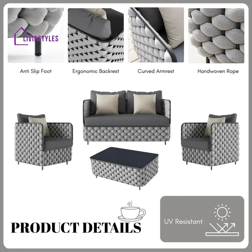 Rina 4 Piece Outdoor Rope Sofa Set with Glass Top Coffee Table (Light Grey & Dark Grey) - Sofa Set