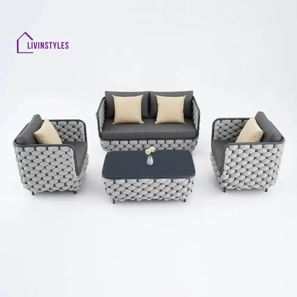Rina 4 Piece Outdoor Rope Sofa Set with Glass Top Coffee Table (Light Grey & Dark Grey) - Sofa Set