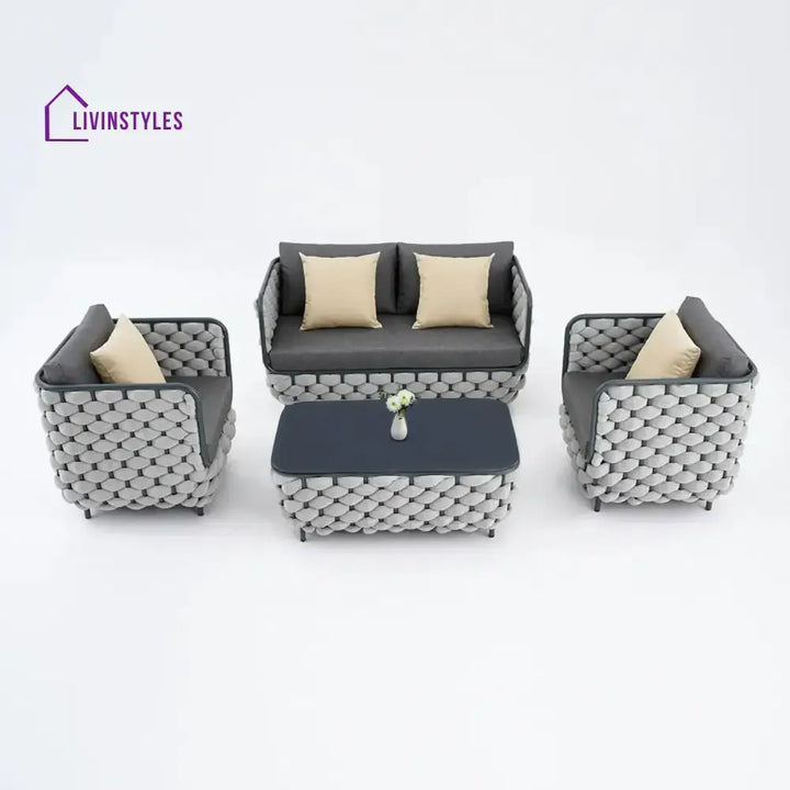 Rina 4 Piece Outdoor Rope Sofa Set with Glass Top Coffee Table (Light Grey & Dark Grey) - Sofa Set