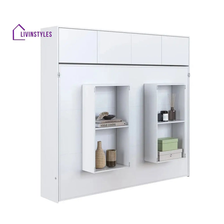 Rina White Finish Wall Mounted Bed with Shelves
