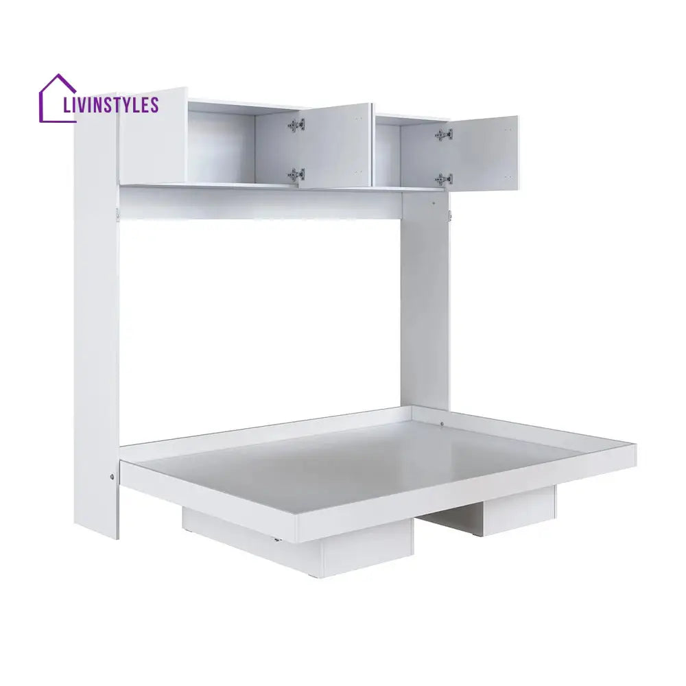 Rina White Finish Wall Mounted Bed with Shelves