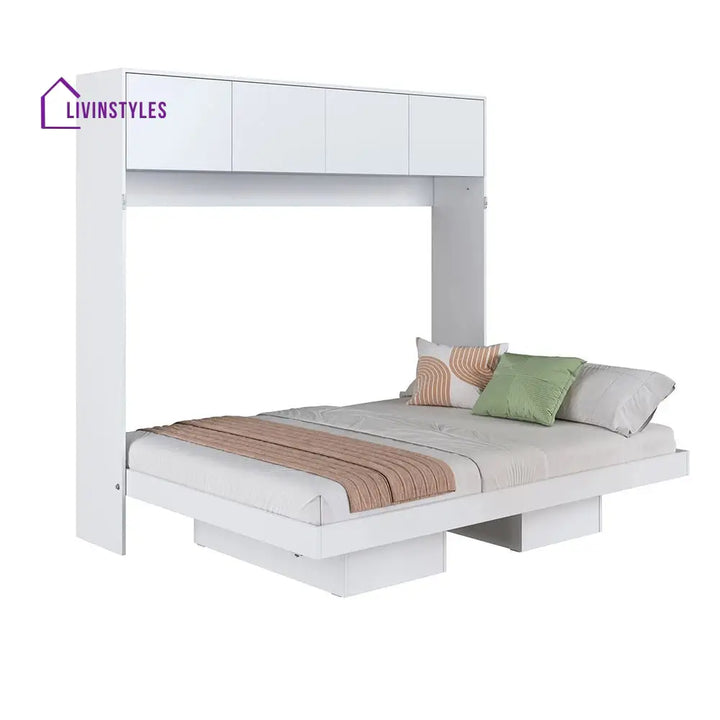 Rina White Finish Wall Mounted Bed with Shelves