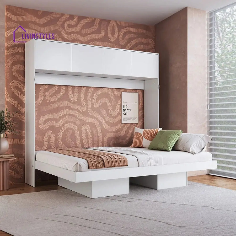 Rina White Finish Wall Mounted Bed with Shelves