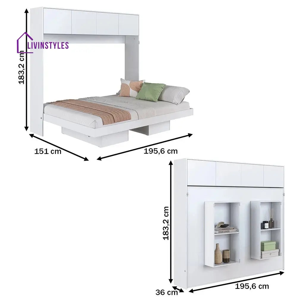 Rina White Finish Wall Mounted Bed with Shelves