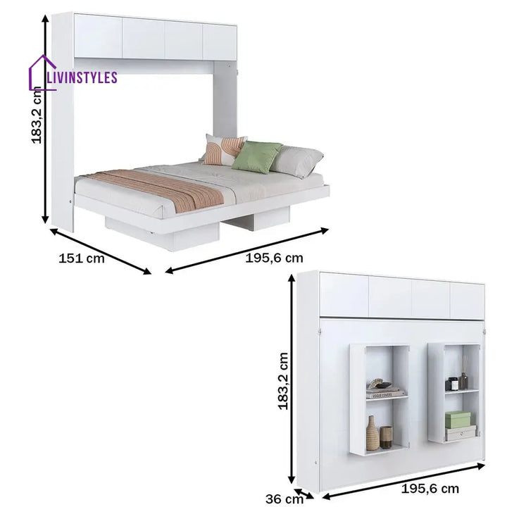 Rina White Finish Wall Mounted Bed with Shelves