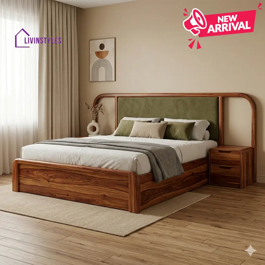 Ritika Premium Sheesham Wood Bed with Velvet Headboard